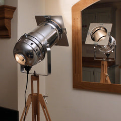 Floor Lamp - Retro Industrial Theatre Stage Spotlight On Tripod - Long Polished