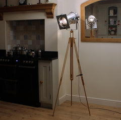 Floor Lamp - Retro Industrial Theatre Stage Spotlight On Tripod - Long Polished