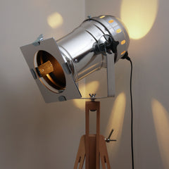 Floor Lamp - Retro Industrial Theatre Stage Spotlight On Tripod - Long Polished
