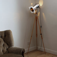 Floor Lamp - Retro Industrial Theatre Stage Spotlight On Tripod - Long Polished